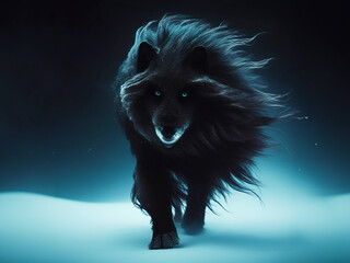 long hair black wolf walking in snow, dark night