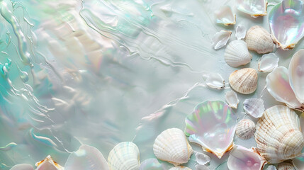 pearlescent white background with copy space and seashells - obrazy, fototapety, plakaty