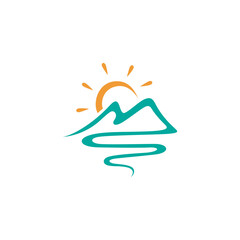natural view of mountain, river and sunrise flat vector logo design