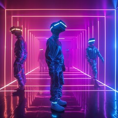 three beautiful girls in a neon background futuristic environment with VR headset
