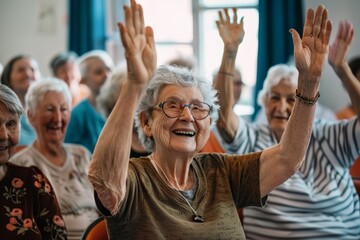Pensioners finding joy and companionship in nursing home - obrazy, fototapety, plakaty