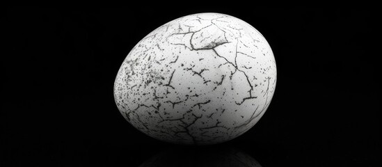 A cracked Eastern white egg rests on a stark black background, showcasing the broken shell and exposed yolk. The sharp contrast highlights the fragility and simplicity of the egg.