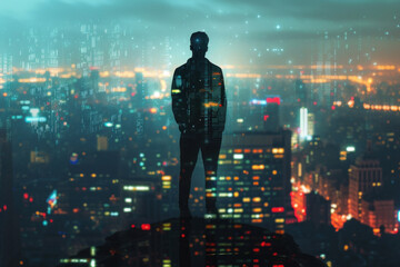 Future Vision: Silhouette of a Man Overlooking the Neon Glow of a Cityscape at Night