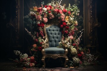 Regal Black queen flowers throne. Model shine art. Generate Ai