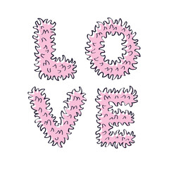 Pink soft plush or furry letters love word vector illustration, vintage pop art boho style.