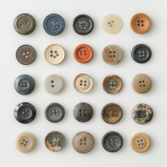 Fototapeta premium An assortment of vintage buttons in various sizes and colors, neatly arranged on a white background.