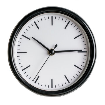 A close-up image of a classic round wall clock with a black frame, white face, and black hands, isolated on a white background.