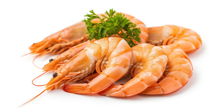 A close-up image showcasing fresh, succulent prawns adorned with a sprig of vibrant green parsley, isolated on a white background.
