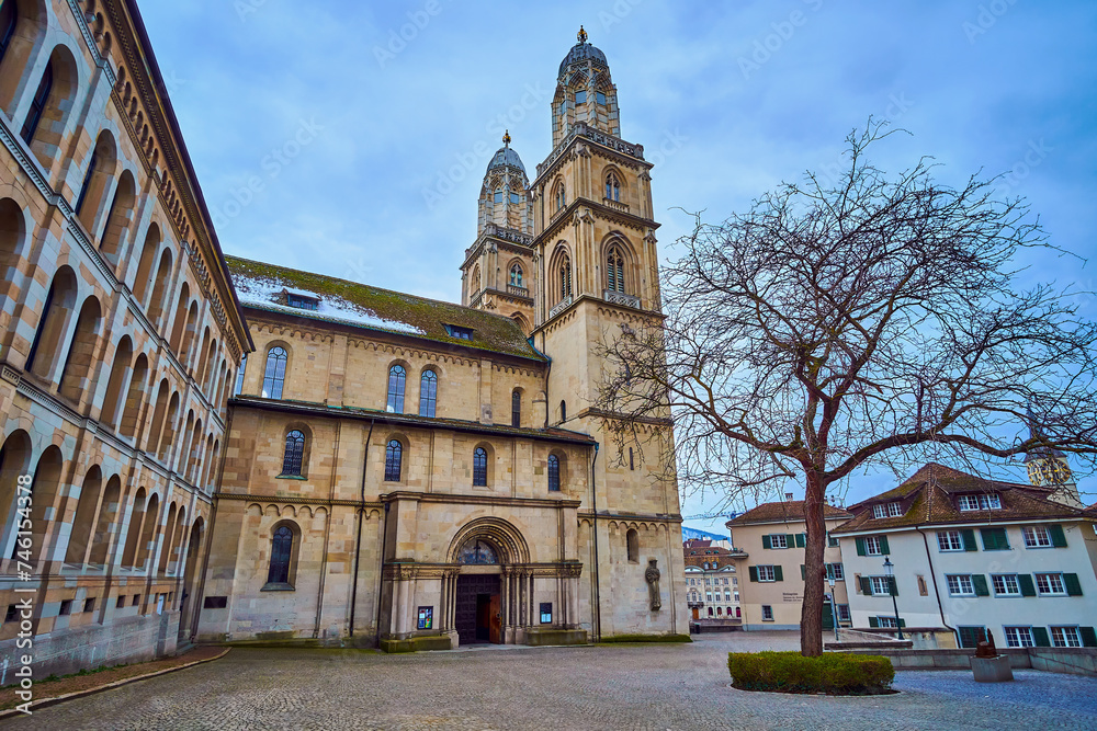 Canvas Prints Stunning Grossmunster church with the entrance on Zwingliplatz square, Zurich, Switzerland