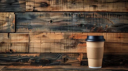 Fotobehang Paper cup of coffee with smoke and coffee beans on old wooden background © Vasiliy