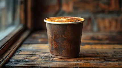 Poster Paper cup of coffee with smoke and coffee beans on old wooden background © Vasiliy