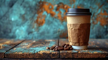 Tuinposter Paper cup of coffee with smoke and coffee beans on old wooden background © Vasiliy