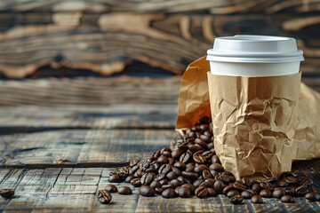 Paper cup of coffee with smoke and coffee beans on old wooden background