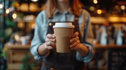 Young girl bartender barista holds out his hand with a paper cup of takeaway coffee. Text space