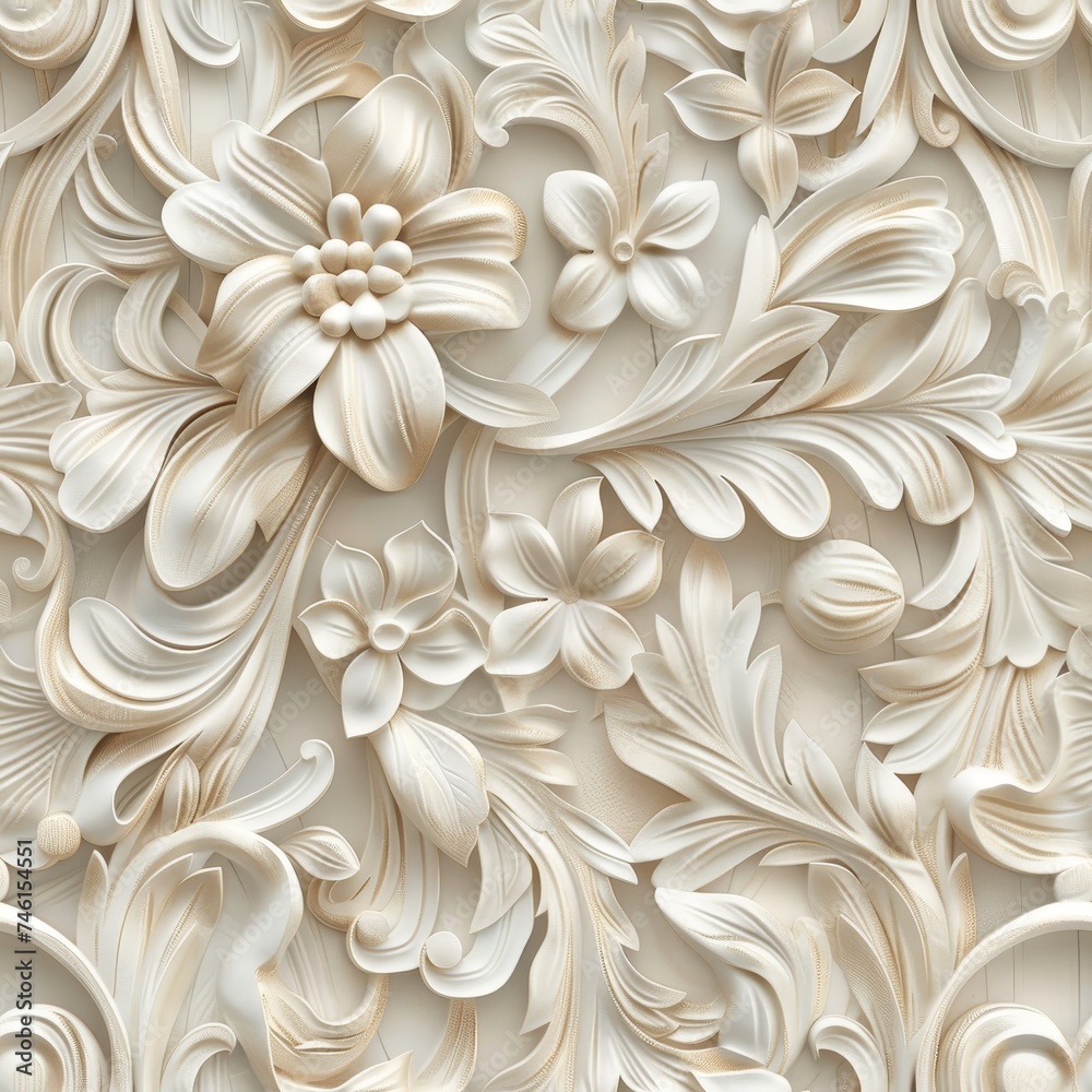 Wall mural decorative floral wood carving design, seamless pattern