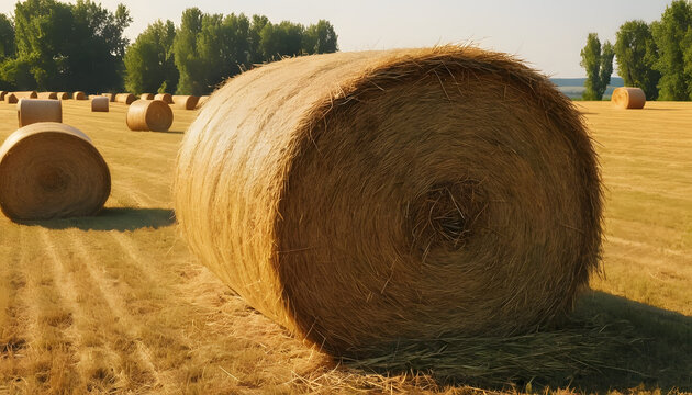 A serene rural scene with a large hay bale in the foreground and a field of more bales, with a warm sunset sky