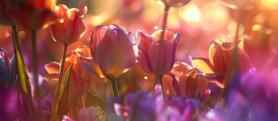 A cluster of colorful and delicate tulips lying in the green grass, under the sunlight. The flowers create a vibrant and lively scene, adding beauty to the natural surroundings.
