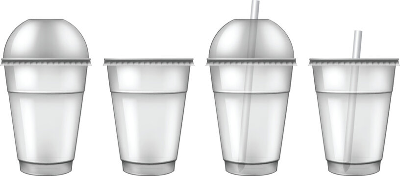 Set of empty plastic cups with straws isolated on white background. Photo-realistic vector illustration.