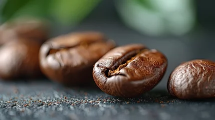 Tuinposter Closeup macro a group roasted brown or black coffee grains background © Vasiliy