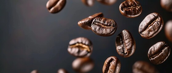Coffee beans in flight on a dark background