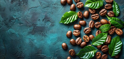 Coffee beans and coffee green leaves on a vintage concrete background. Top view