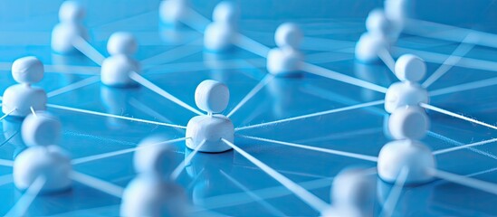A group of small white figurines are positioned on a blue surface, symbolizing connected networking. The scene represents communication and marketing strategies in a simplistic visual form.