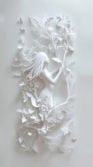 Intricate 3D paper art of a woman nature intertwining with a butterfly accent on a minimalist white wall