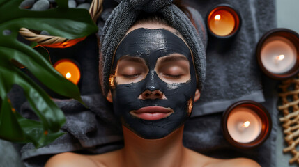 Radiant Beauty: Closeup of a Woman in Black Charcoal Facial Mud Mask