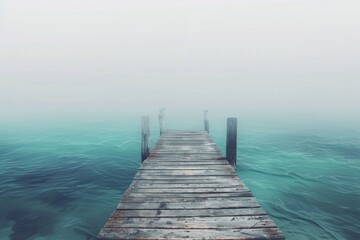 Wooden pier leading into misty sea