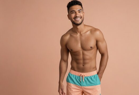A joyful shirtless man in teal swim shorts, radiating happiness and relaxation.
