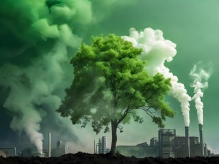 Green tree growing environmental problem alert with Chemical plant smoke background