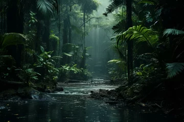 Zelfklevend Fotobehang Lush Jungle rain forest. Green wild nature. Generate Ai © juliars