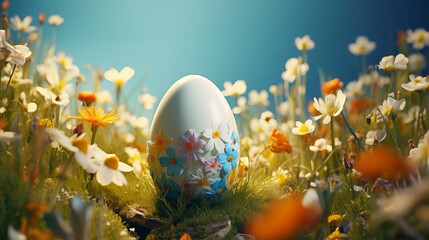Easter Egg in Spring Meadow.An ornately decorated Easter egg stands amidst a blooming meadow, a symbol of new life and the joy of spring's resurrection.