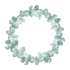 Eucalyptus green branch wreath round frame. Circle postcard template. Greenery foliage clipart. Hand drawn watercolor illustration background. Botanical element for wedding