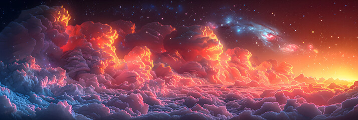 Abstract cloud illuminated with neon light,
Space background with nebula and fictional planets. 

