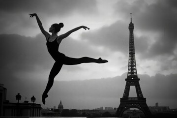 Fototapeta premium Gymnast leaping by the Eiffel Tower, black and white image