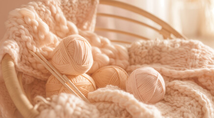A basket of yarn balls and knitting needles with a soft knitted fabric in warm tones