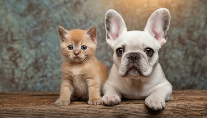 Cachorro e gato. Amizade. Filhotes do cachorro buldogue francês e gato amarelo.