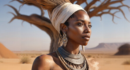 AI generated portrait of a beautiful African woman in the desert 