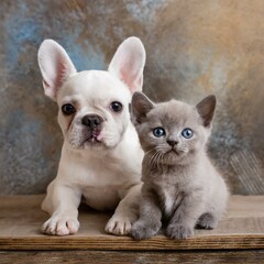 A cat puppy and a French bulldog puppy. Looking at the camera.
