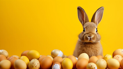 Fototapeta na wymiar Adorable brown bunny with painted eggs on vibrant yellow background. curious rabbit with attentive expression. Festive and joyful feel of Easter holidays. Banner with copy space