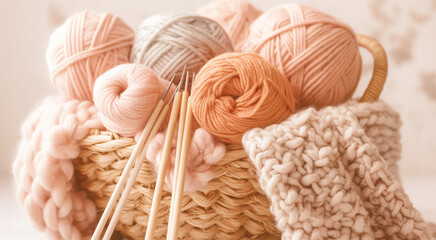 Colorful yarn balls and knitting needles in a basket, indicating a cozy crafting theme.