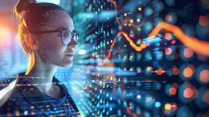 Woman Viewing Digital Algorithm in a Futuristic Style