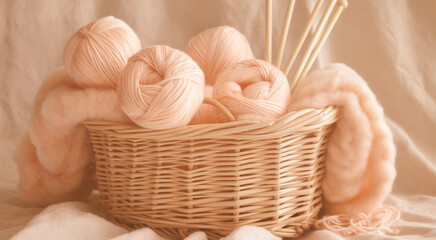 Fototapeta na wymiar A basket of yarn balls and knitting needles with a soft knitted fabric in warm tones