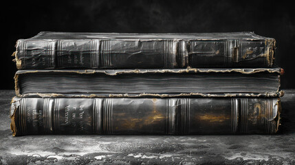 Old Torn Book on a Wooden Table: A Black and White Image of a Rustic Book with a Dark Background and Copy Space