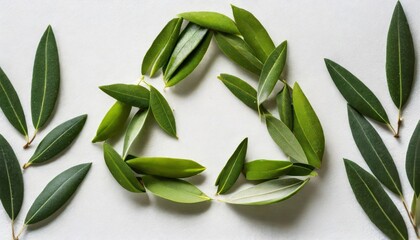 Minimalistic top-down photograph of a recycle silhouette formed by green olive leaves