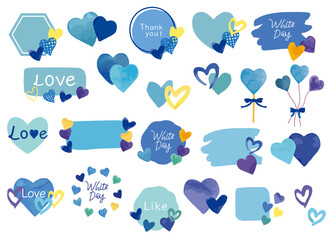 ホワイトデー 水彩で描いた青系のハートのタイトル素材セット