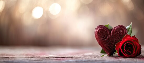 A red rose sits next to a heart shaped towel, providing a backdrop for a Valentines Day card with ample room for personal text. - Powered by Adobe