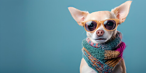 Small white dog wearing sunglasses and blue scarf  Colorful joyful greeting card for birthday or other festive events. - obrazy, fototapety, plakaty