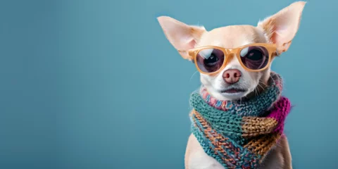 Poster Small white dog wearing sunglasses and blue scarf  Colorful joyful greeting card for birthday or other festive events. © hamzarao